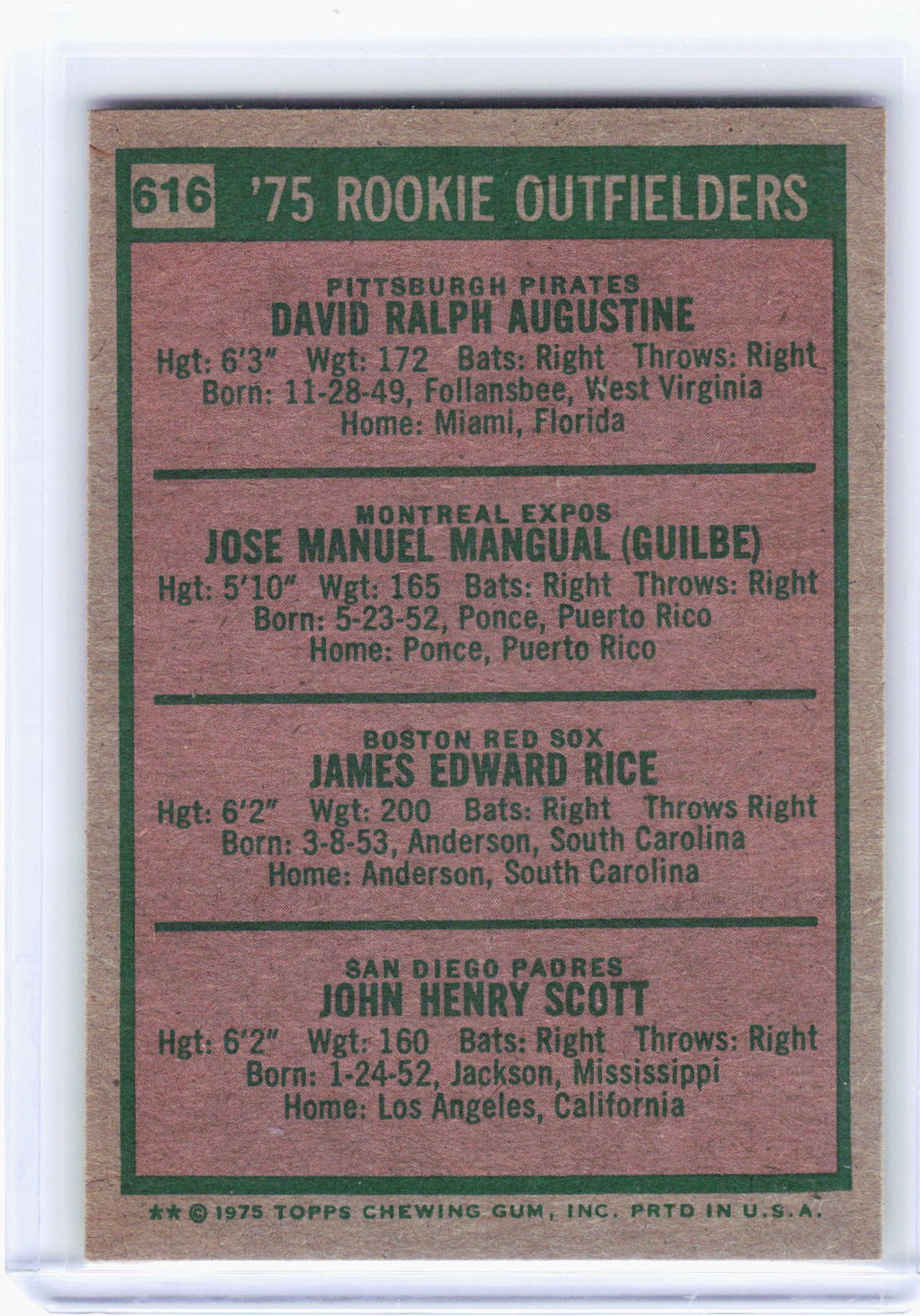 Topps 1975 Baseball—John Scott Jim Rice Dave Augustine Pepe Mangual #616 —VG