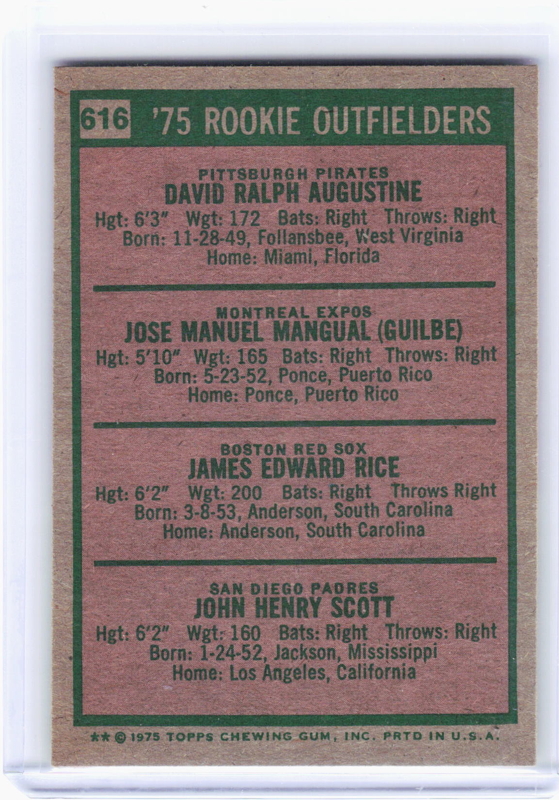 Topps 1975 Baseball—John Scott Jim Rice Dave Augustine Pepe Mangual #616 —VG