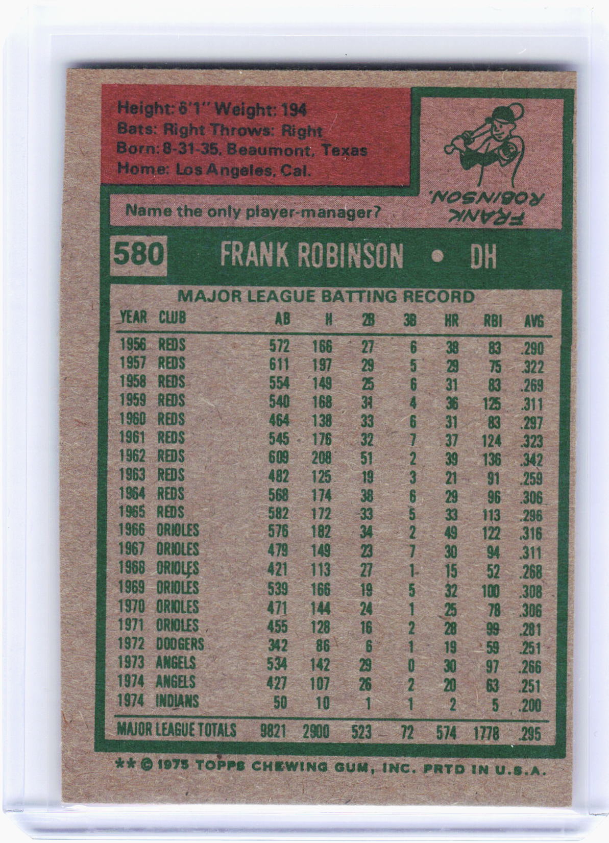 Topps 1975 Topps Baseball—Frank Robinson #580 —Very Good