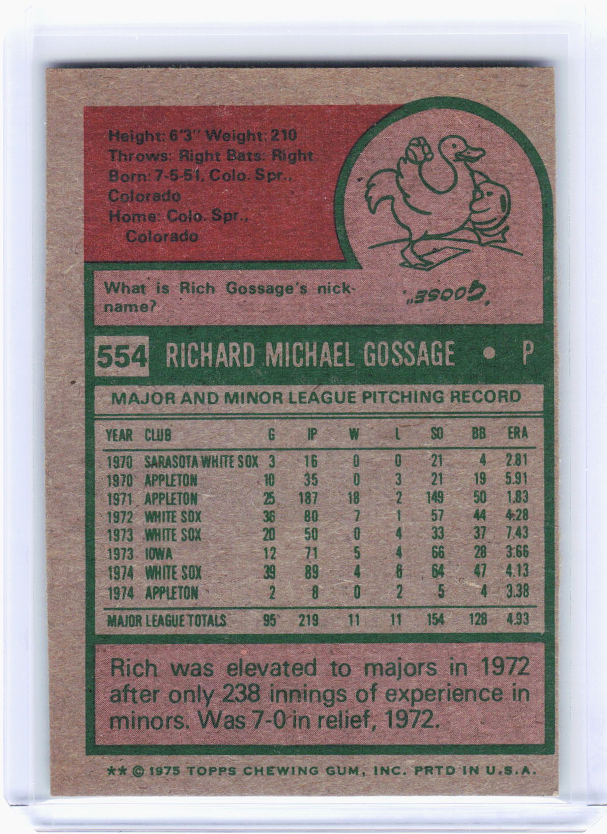 Topps 1975 Topps Baseball—Rich Gossage #554 —Very Good