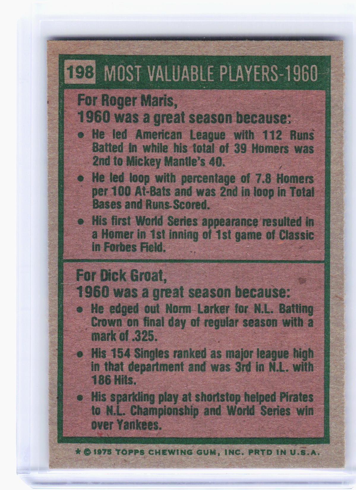Topps 1975 Topps Baseball—Roger Maris Dick Groat #198 —Very Good