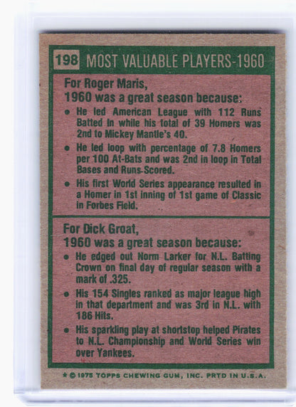 Topps 1975 Topps Baseball—Roger Maris Dick Groat #198 —Very Good