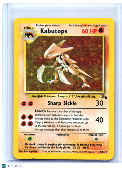 1999 Pokemon—Kabutops #9/62 Fossil—Holo Rare [Damaged]