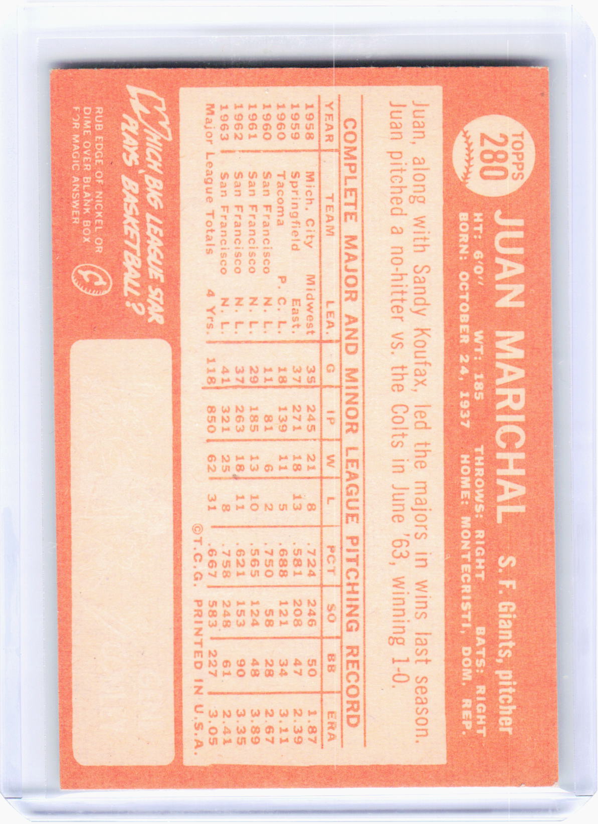 Topps 1964 Topps Baseball—Juan Marichal #280 —Very Good