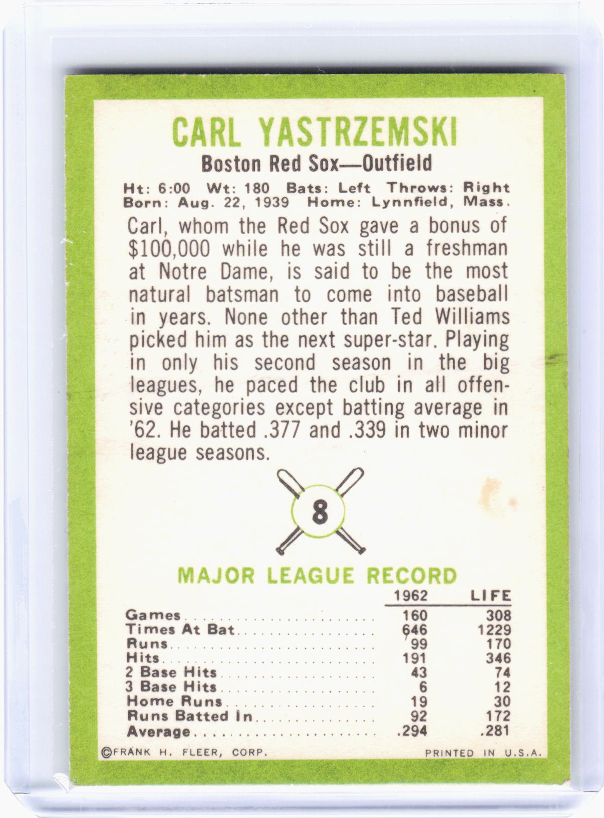 Fleer 1963 Fleer Baseball—Carl Yastrzemski #8 —Very Good