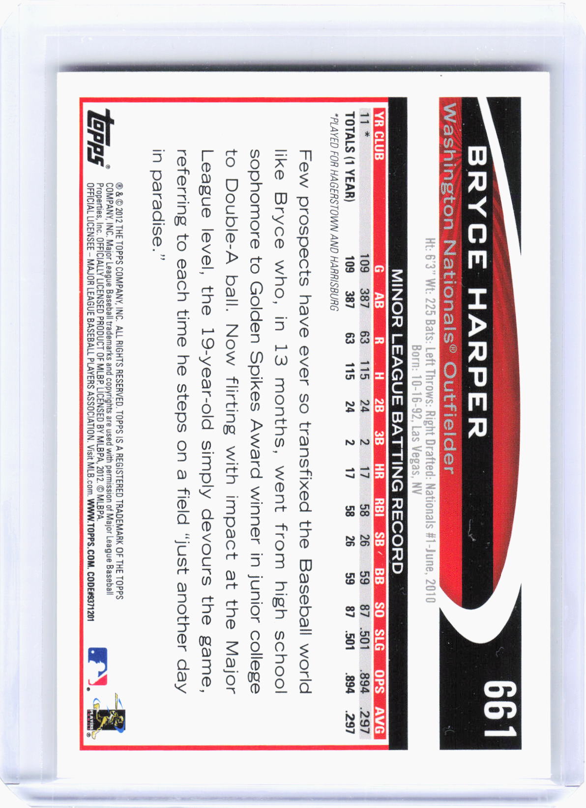 Topps 2012 Topps Baseball—Bryce Harper #661 —Excellent