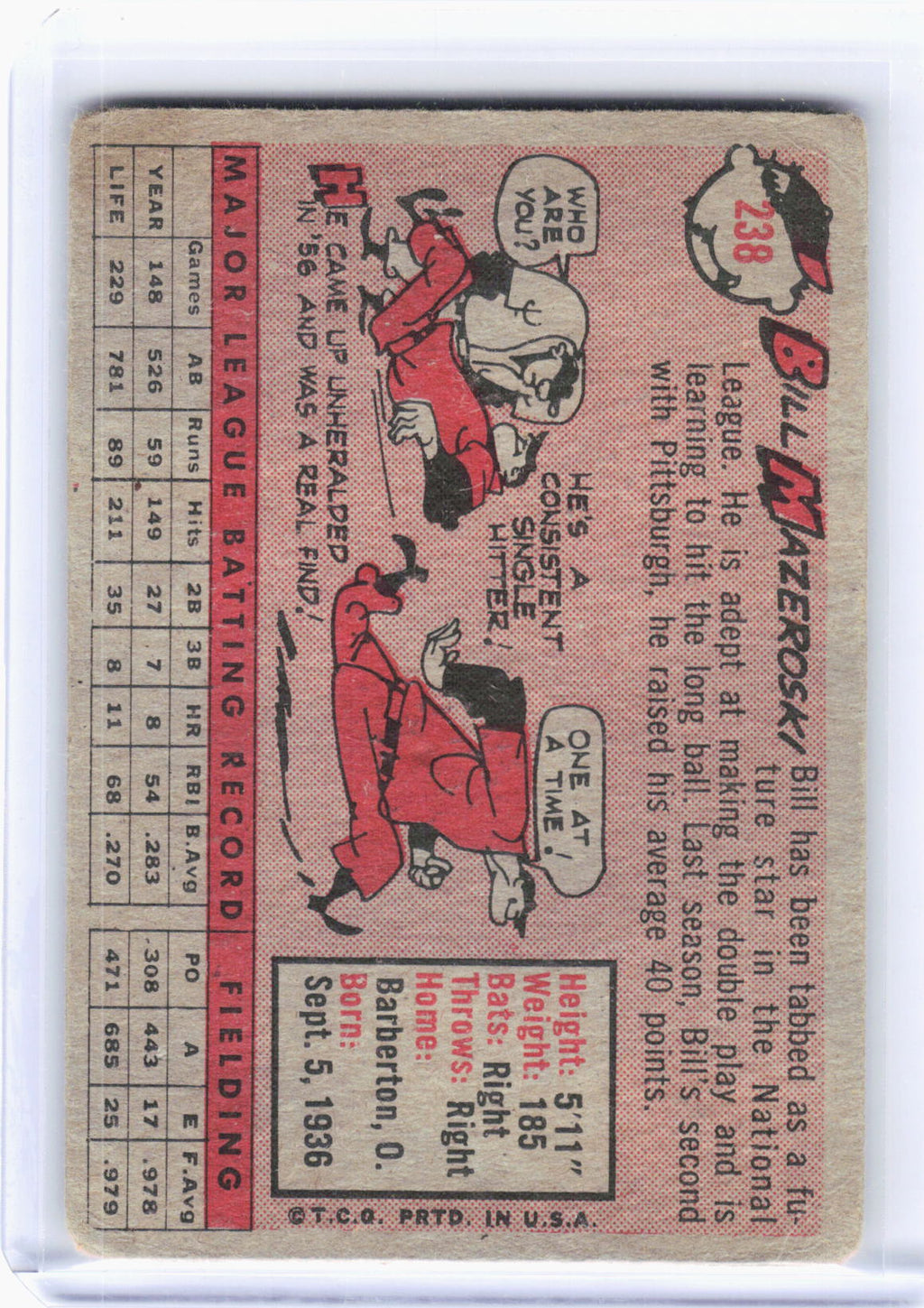 Topps 1958 Topps Baseball—Bill Mazeroski #238 —Poor