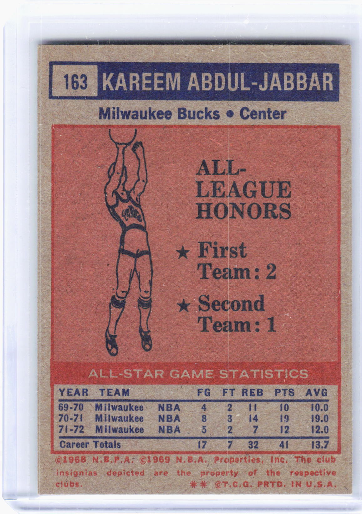 Topps 1969 Topps Basketball—Kareem Abdul-Jabbar #163 —Near Mint or Better