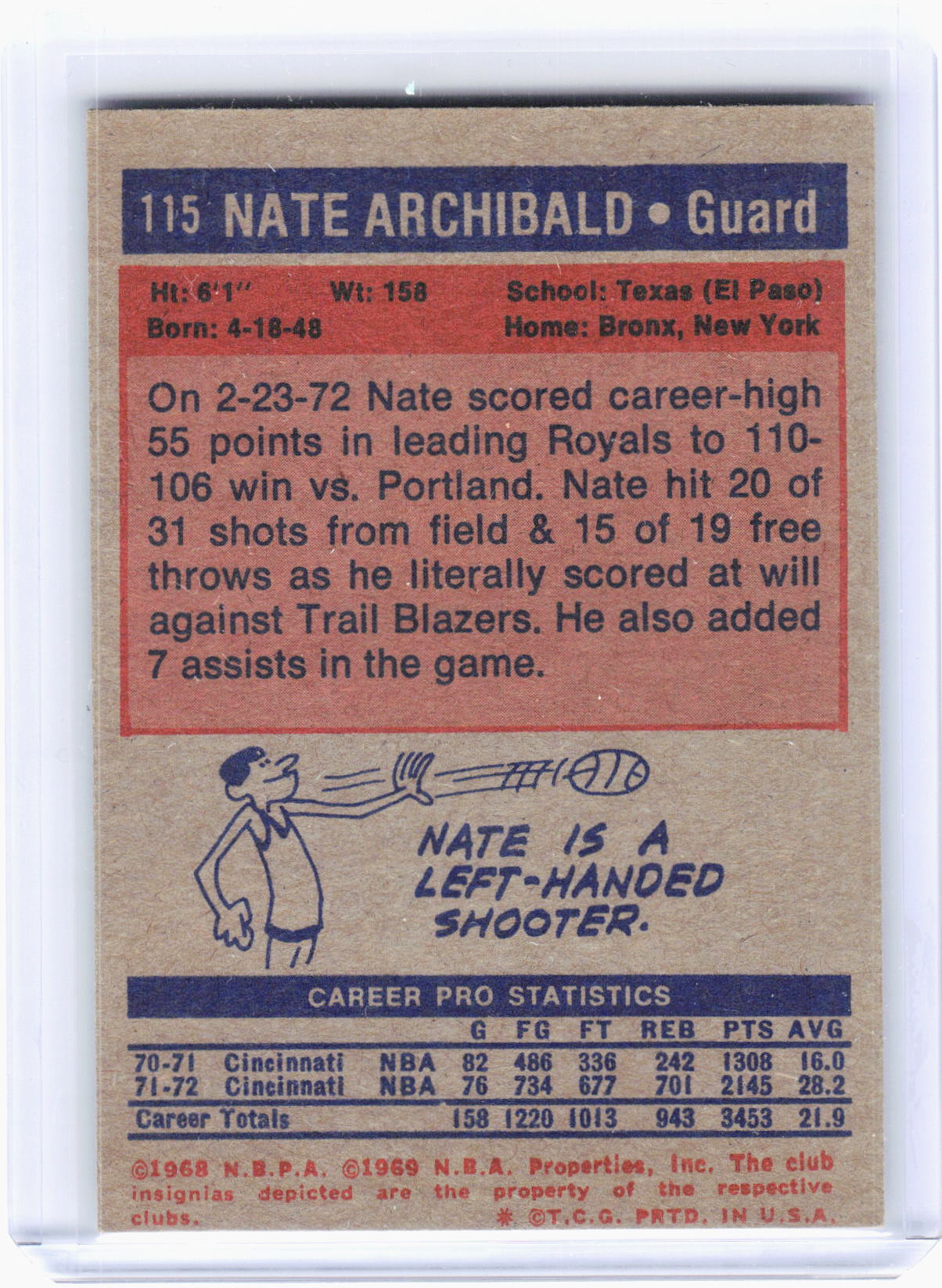 Topps 1969 Topps Basketball—Nate Archibald #115 —Near Mint or Better