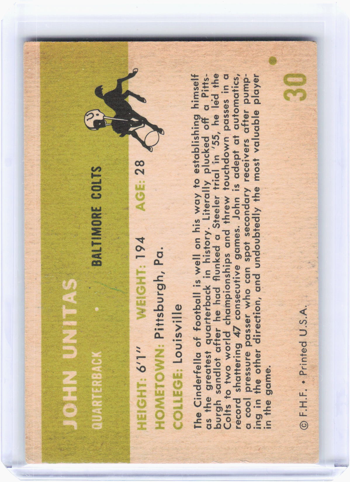 Fleer 1961 Fleer Football—John Unitas #30 —Very Good