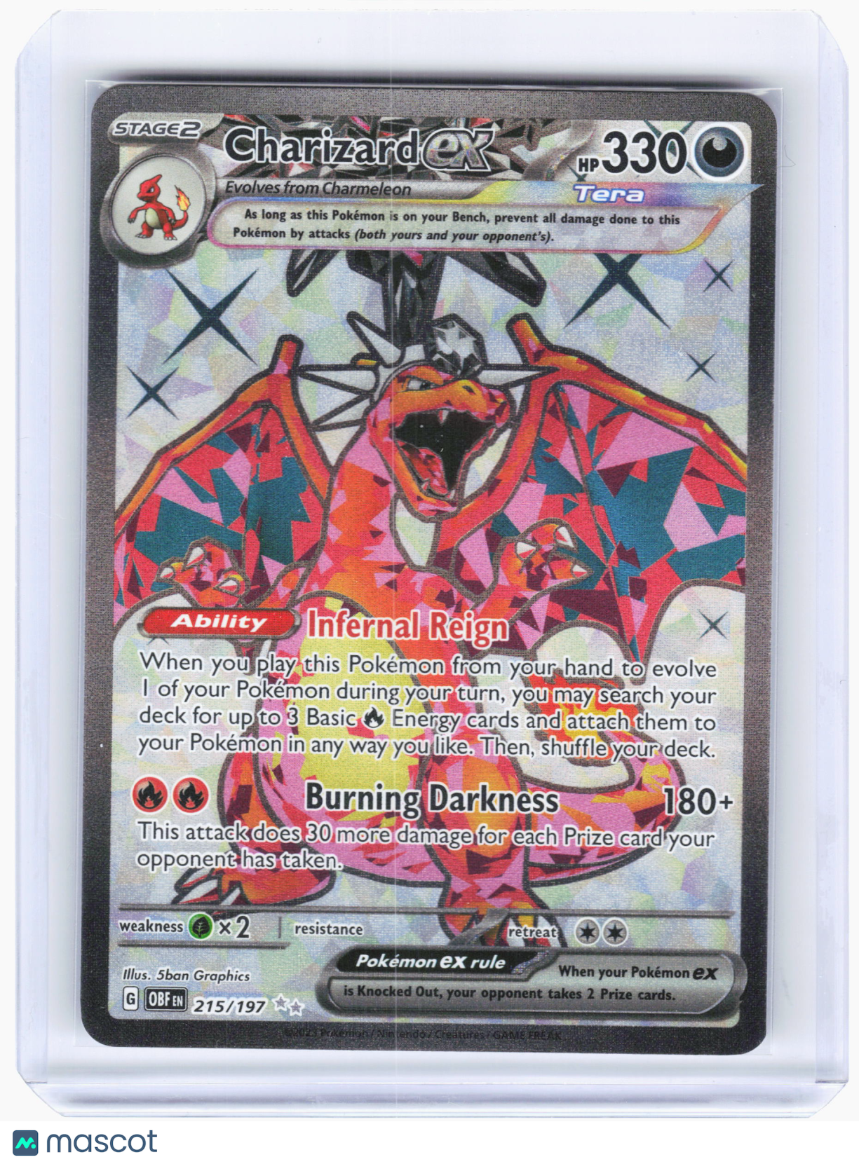 2023 Pokemon—Charizard ex #215/197 Obsidian Flames—Ultra Rare Holo