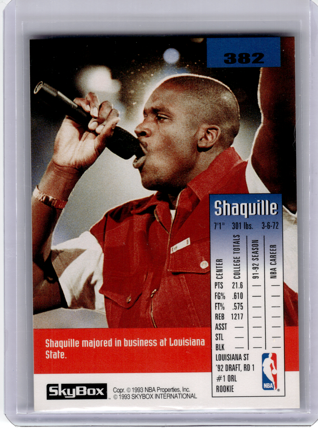 1993 SkyBox Basketball—Shaquille O'Neal #382 —Very Good