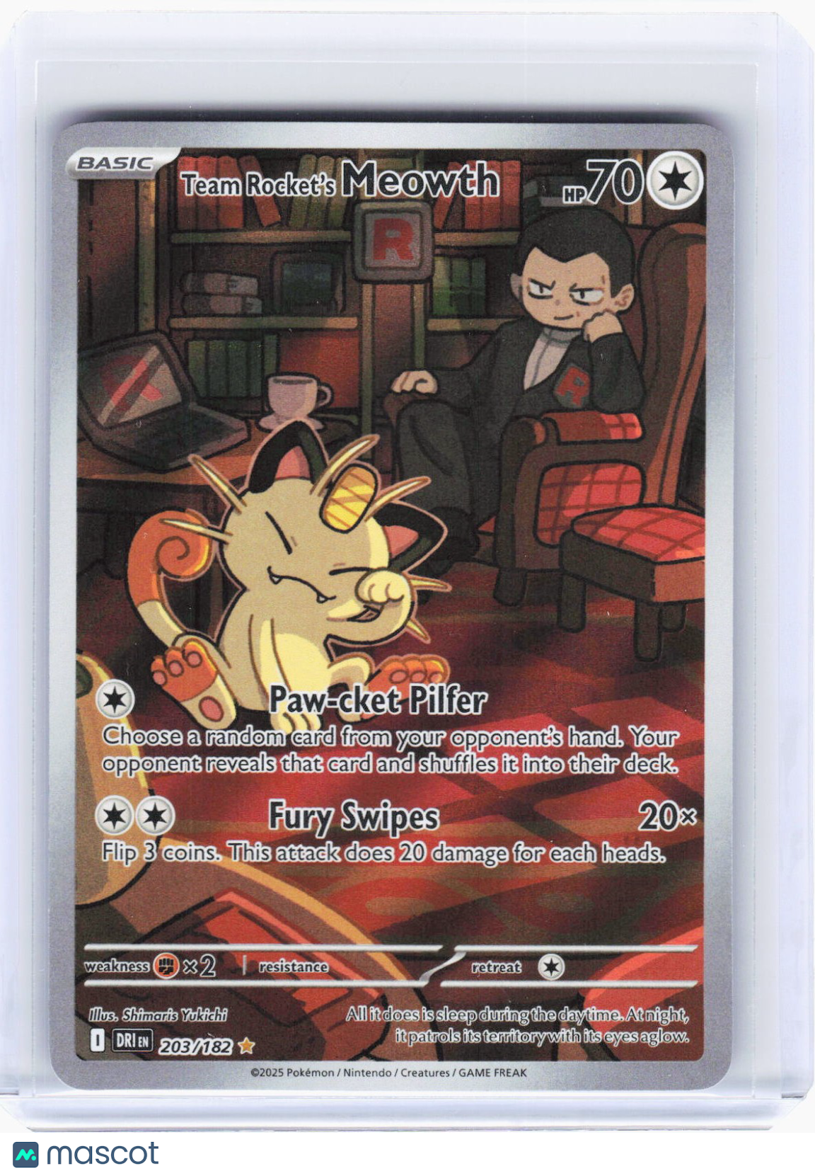 2025 Pokemon—Team Rocket's Meowth #203/182 Destined Rivals—IR Foil