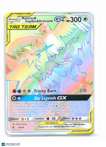 2019 Pokemon—Moltres & Zapdos & Articuno GX #69 Hidden Fates—Secret Rare Rainbow