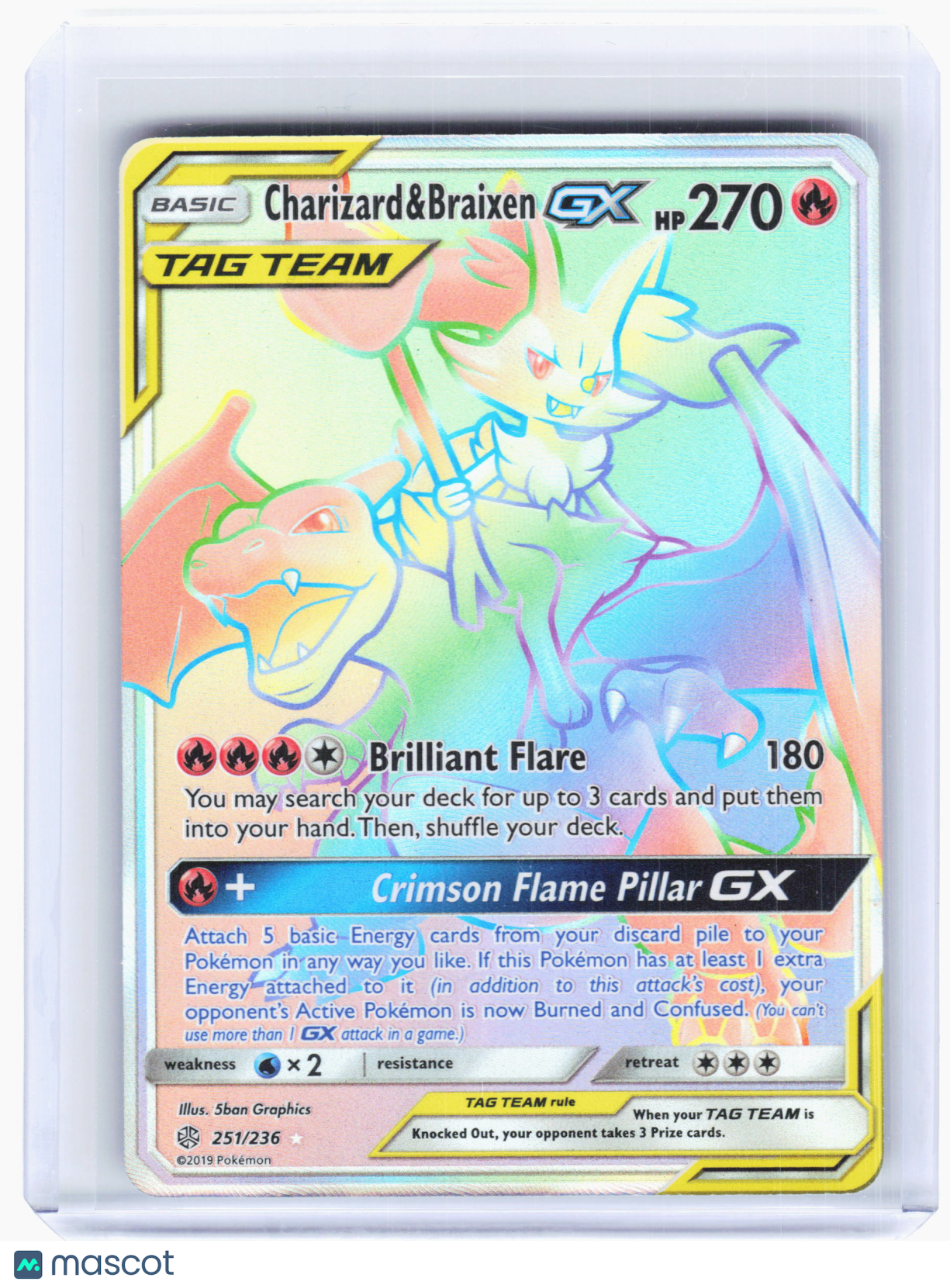 2019 Pokemon—Charizard & Braixen GX #251/236 Cosmic Eclipse—Rainbow Rare Holo