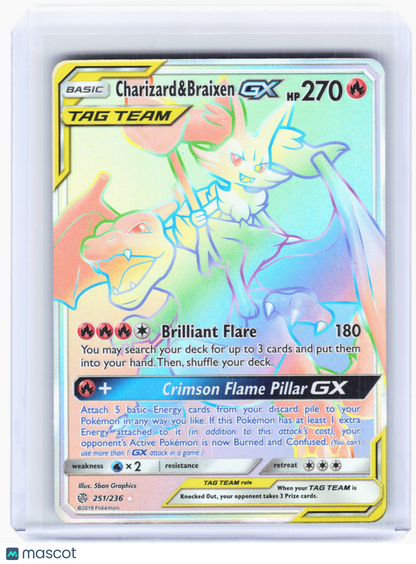 2019 Pokemon—Charizard & Braixen GX #251/236 Cosmic Eclipse—Rainbow Rare Holo