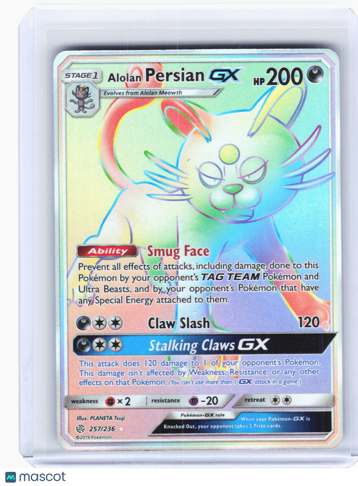2019 Pokemon—Alolan Persian GX #257/236 Cosmic Eclipse—Rainbow Rare Holo