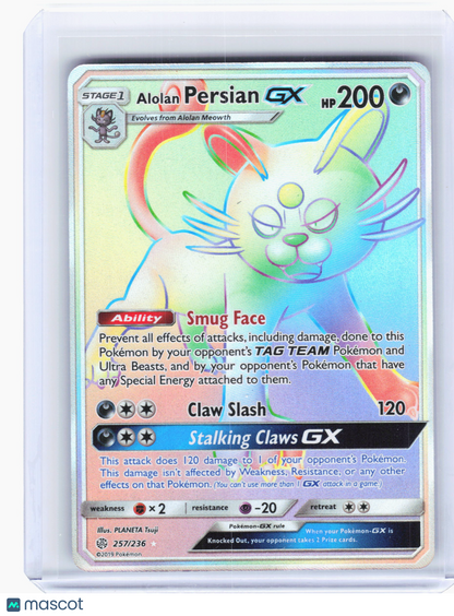 2019 Pokemon—Alolan Persian GX #257/236 Cosmic Eclipse—Rainbow Rare Holo
