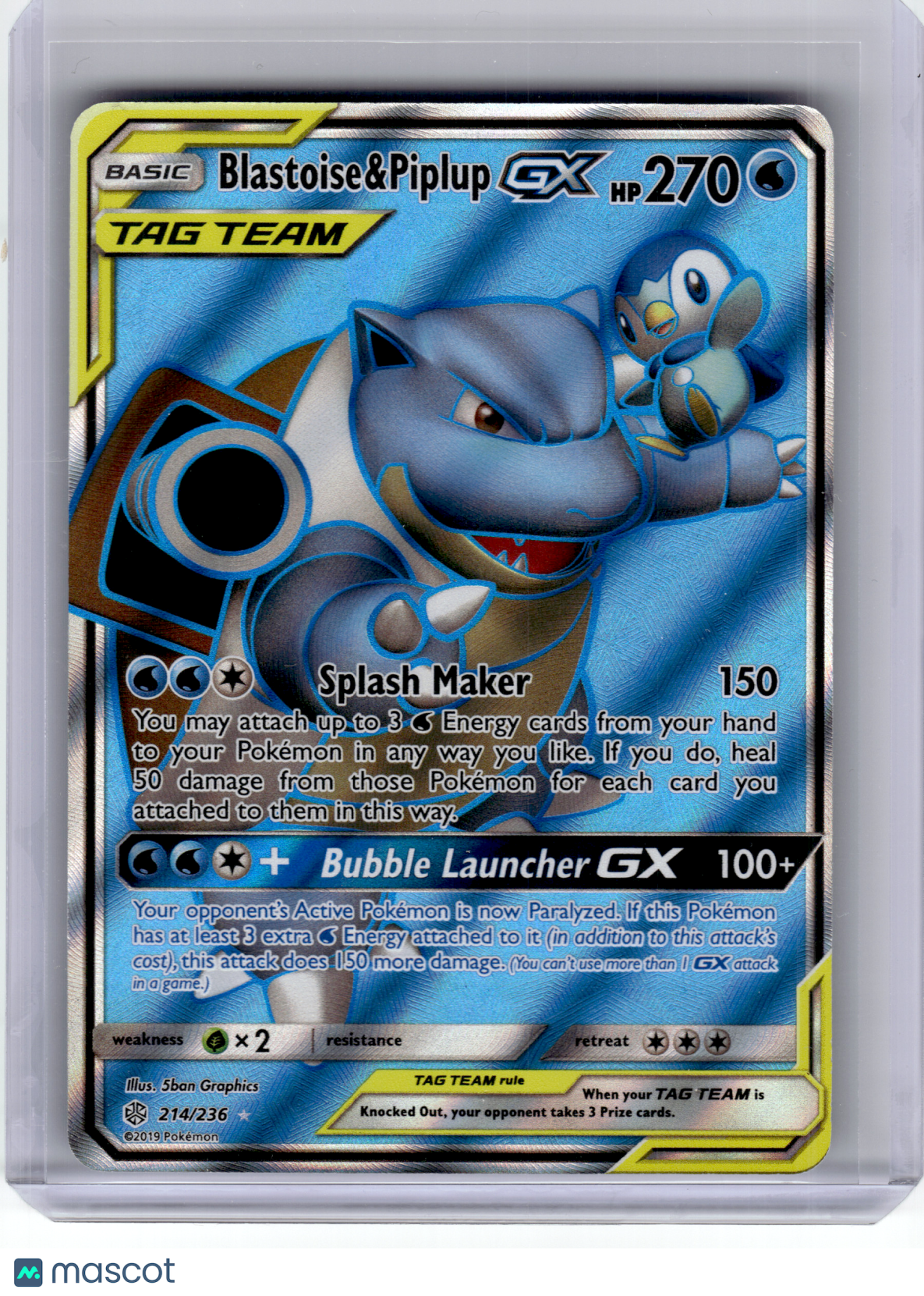 2019 Pokemon—Blastoise & Piplup GX #214 Sm-Cosmic Eclipse—Ultra Rare Holo