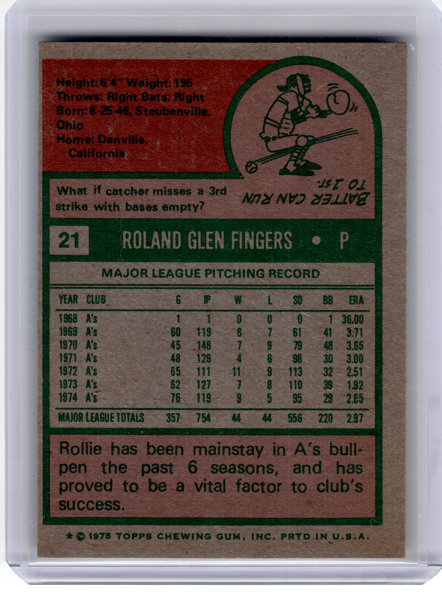1975 Topps Baseball—Rollie Fingers #21 —Very Good