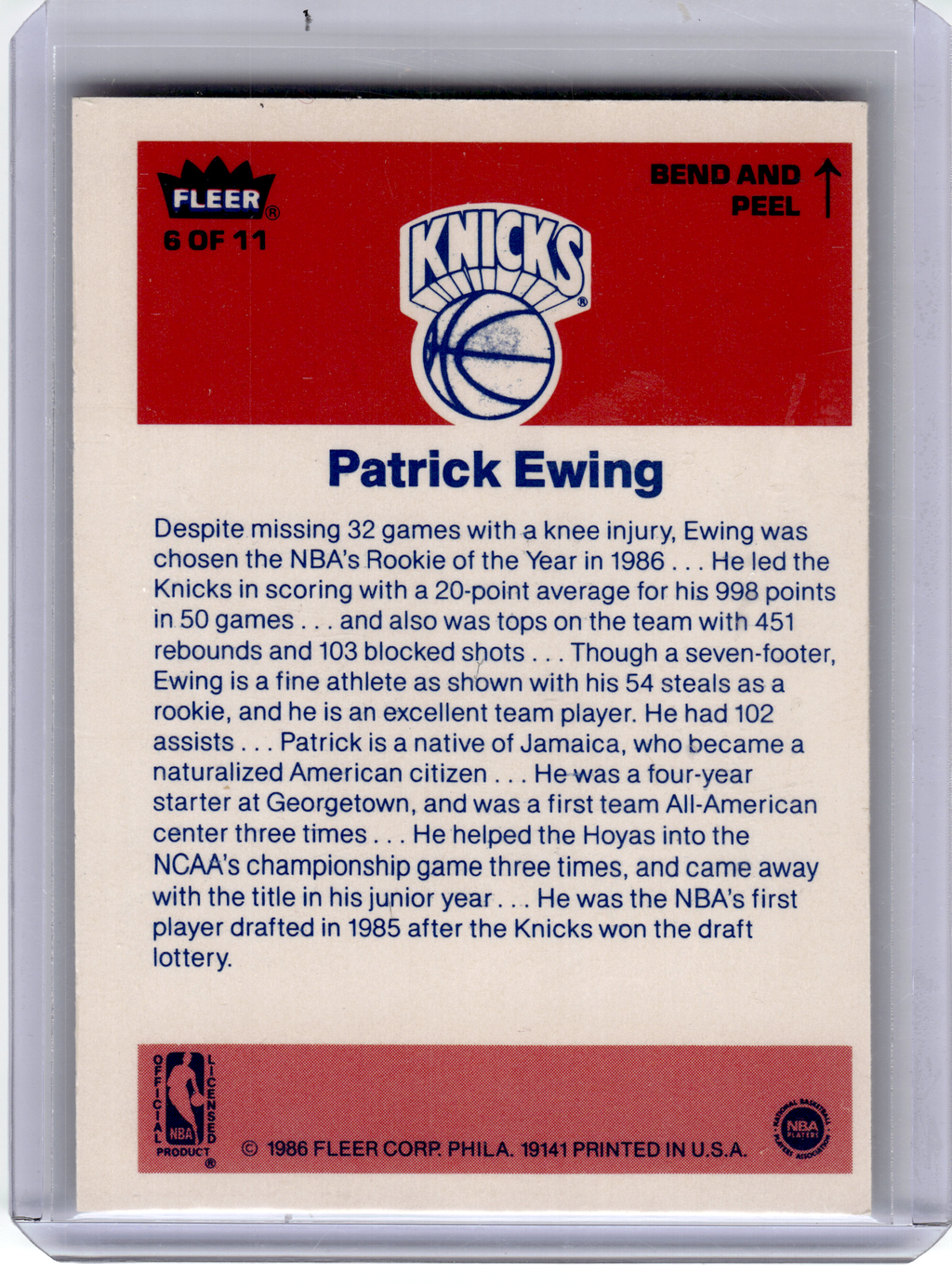 Fleer 1986 Fleer Basketball—Patrick Ewing 6 of 11 —Very Good