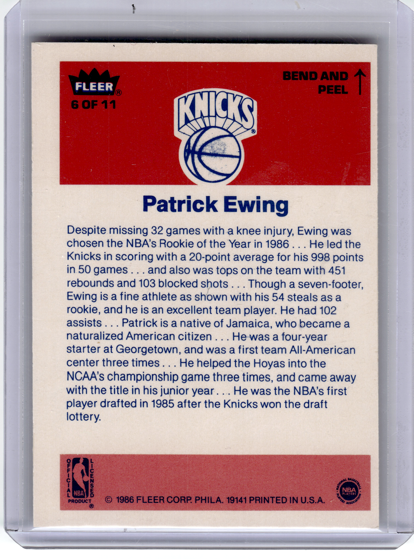 Fleer 1986 Fleer Basketball—Patrick Ewing 6 of 11 —Very Good