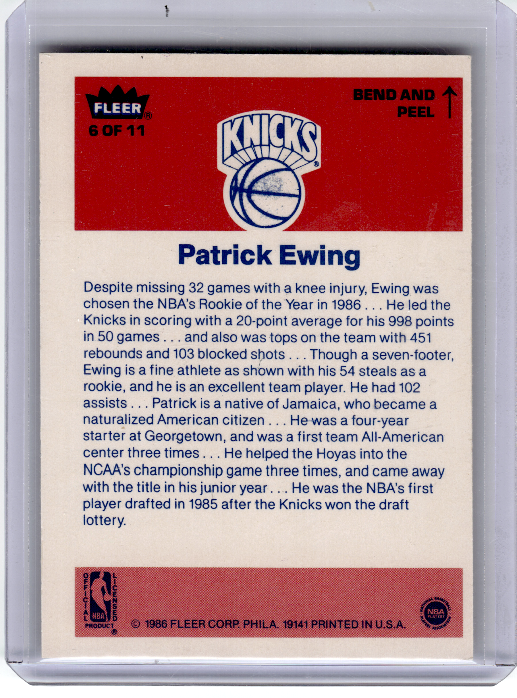 Fleer 1986 Fleer Basketball—Patrick Ewing 6 of 11 —Very Good