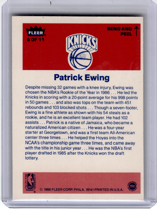 Fleer 1986 Fleer Basketball—Patrick Ewing 6 of 11 —Very Good