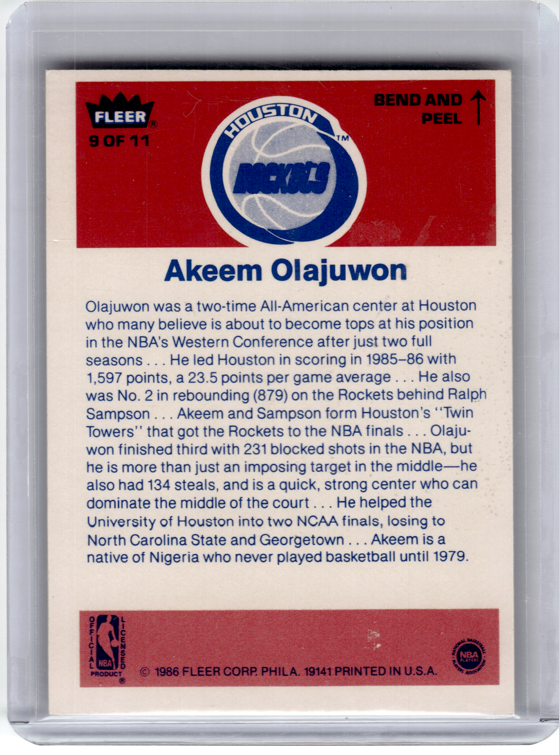1986 Fleer Stickers Basketball—Akeem Olajuwon #9 of 11 —Very Good