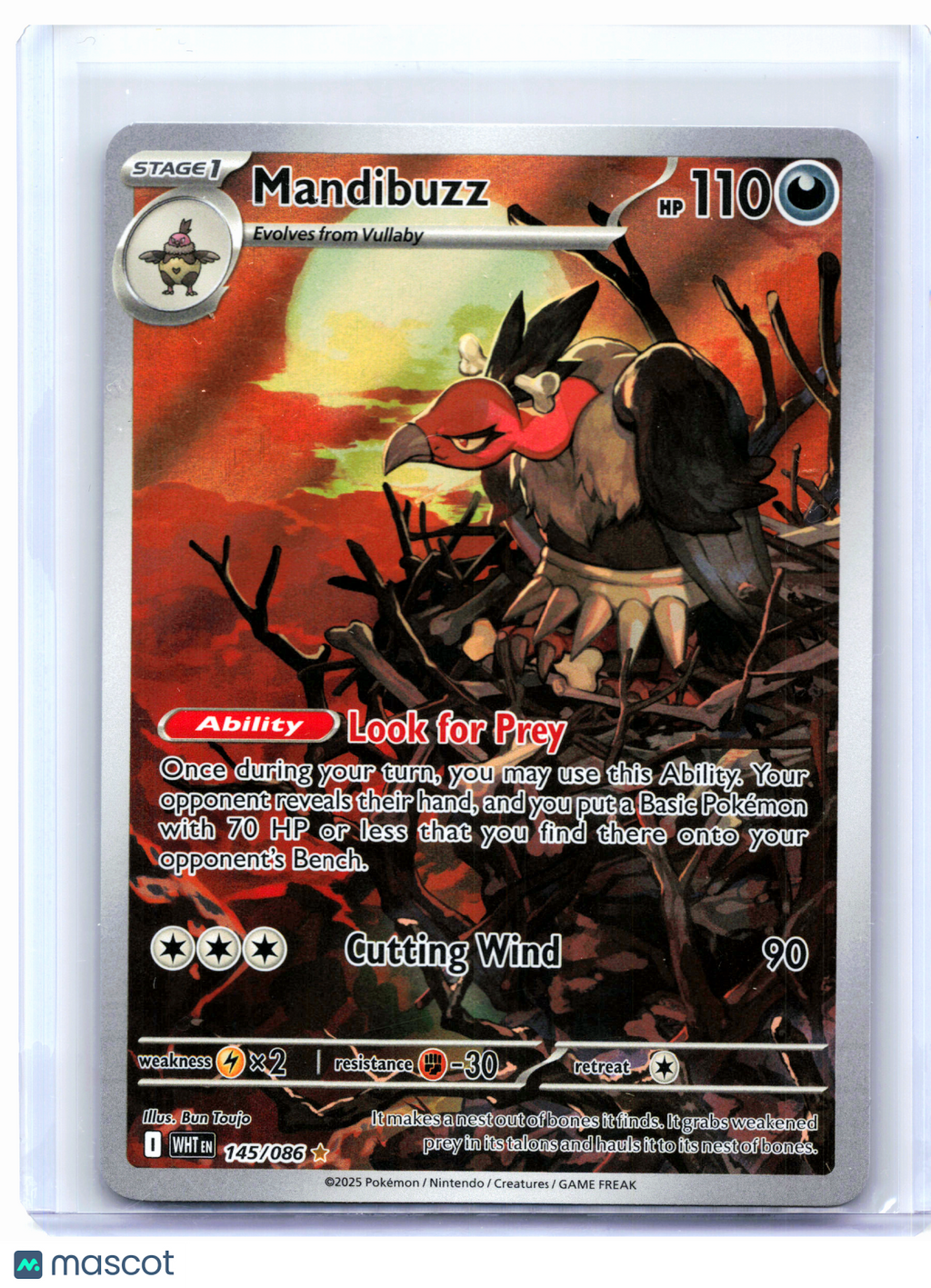 2025 Pokemon—Mandibuzz #145/086 White Flare—Illustration Rare Holo