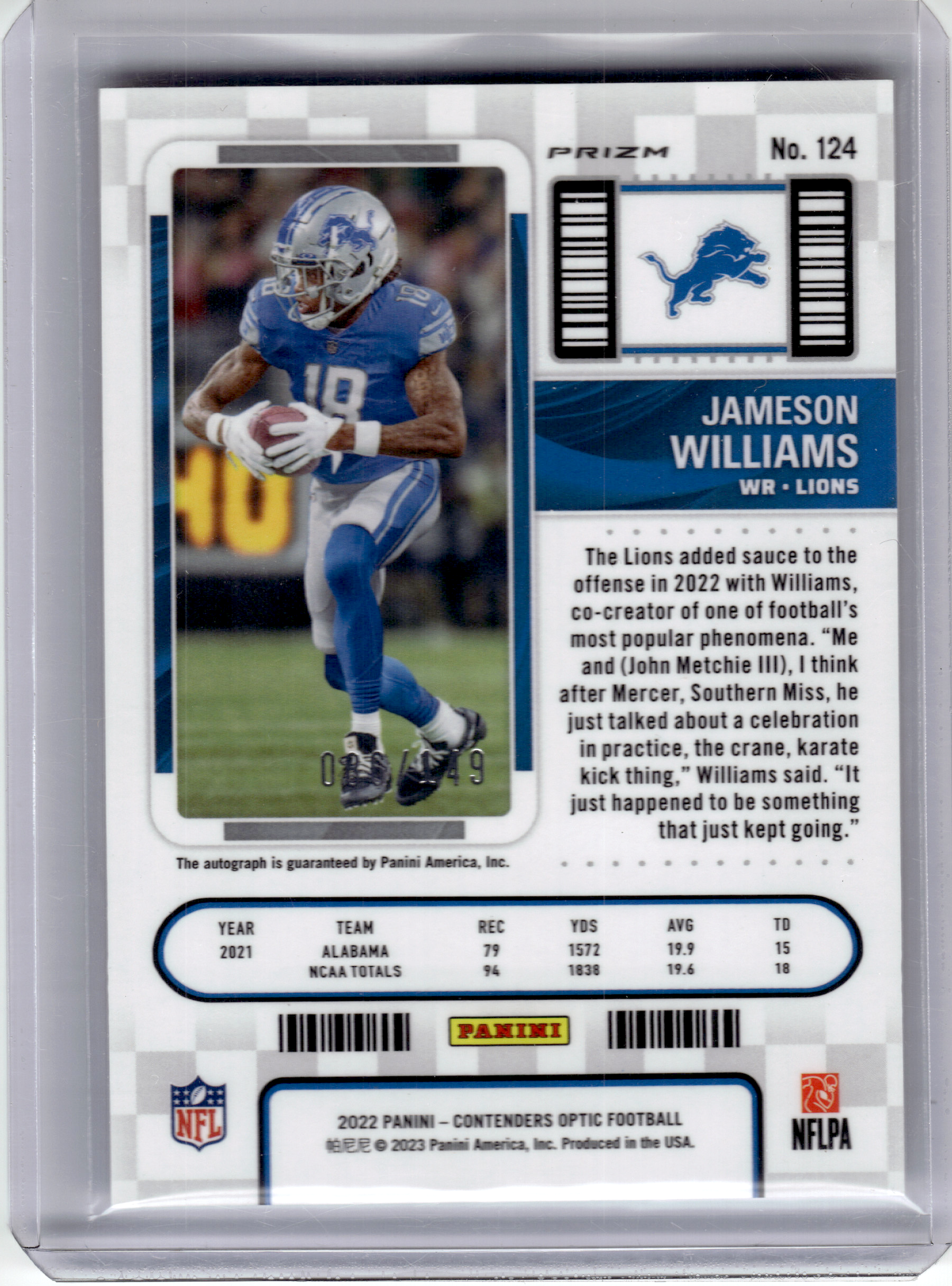 2023 Panini Contenders Optic Prizm Football—Jameson Williams #124 Red RC