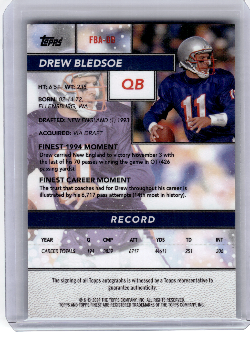 2024 Topps Finest Football—Drew Bledsoe #FBA-DB 22/25—Very Good