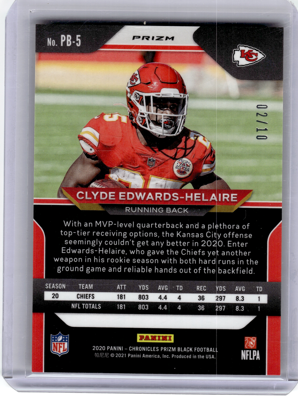 2021 Panini Chronicles Prizm Black F.Ball—C. Edwards-Helaire #PB-5 Gold RC 02/10