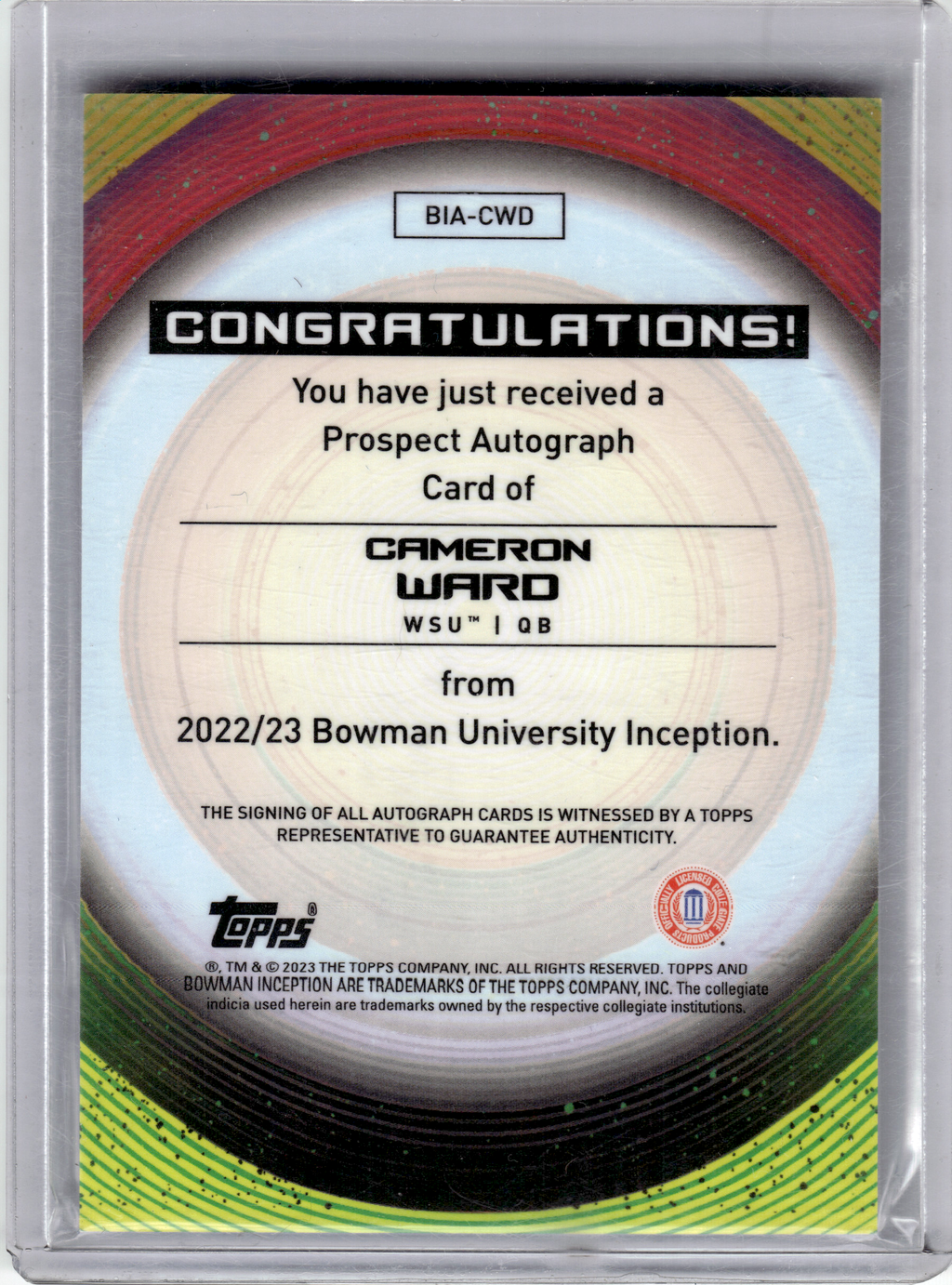 2023 Topps University Inception Football—Cameron Ward #BIA-CWD —Very Good