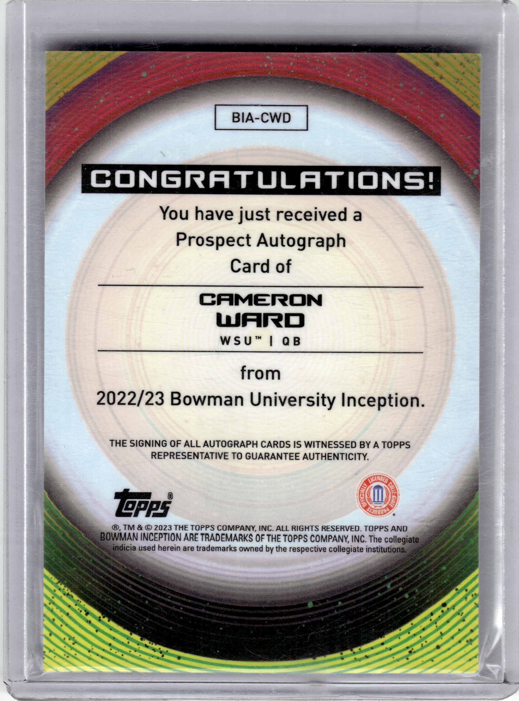 2023 Topps University Inception Football—Cameron Ward #BIA-CWD —Very Good