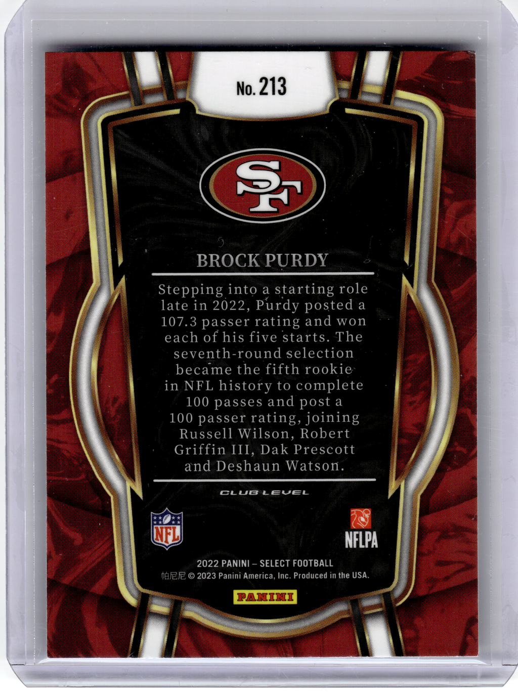 2023 Panini Select Football Football—Brock Purdy #213 RC—Very Good