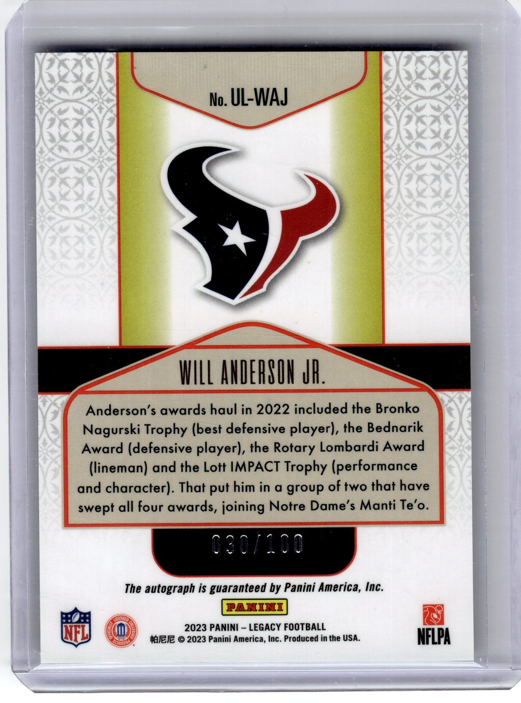 2023 Panini Legacy Football Under the Lights—Will Anderson Jr. #UL-WAJ 030/100