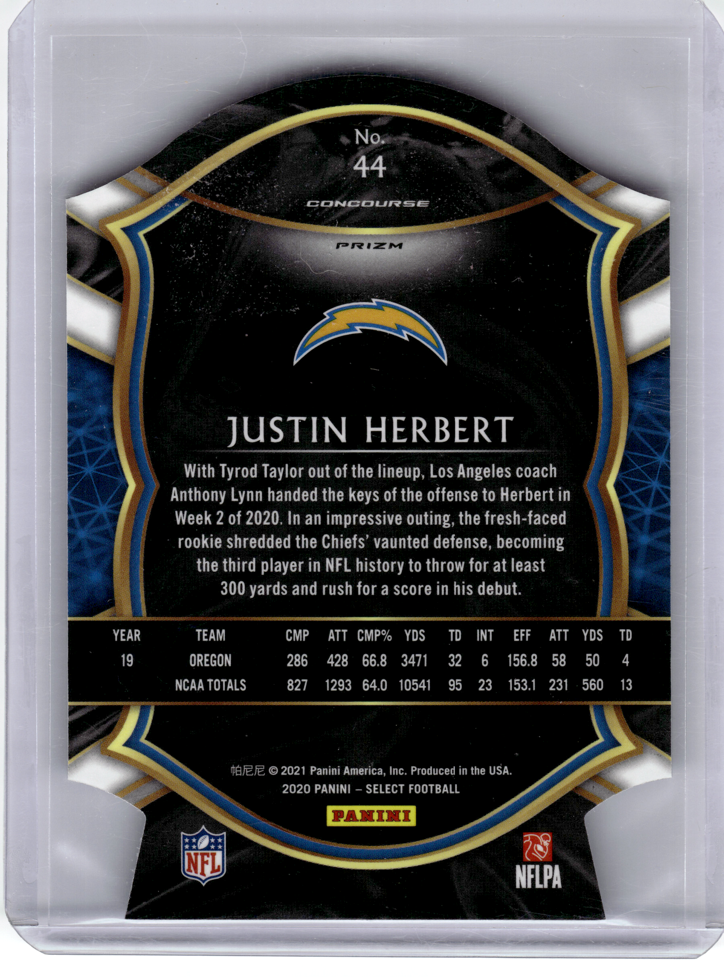 2021 Panini Select Concourse Prizm Football—Justin Herbert #44 Blue Die-Cut RC