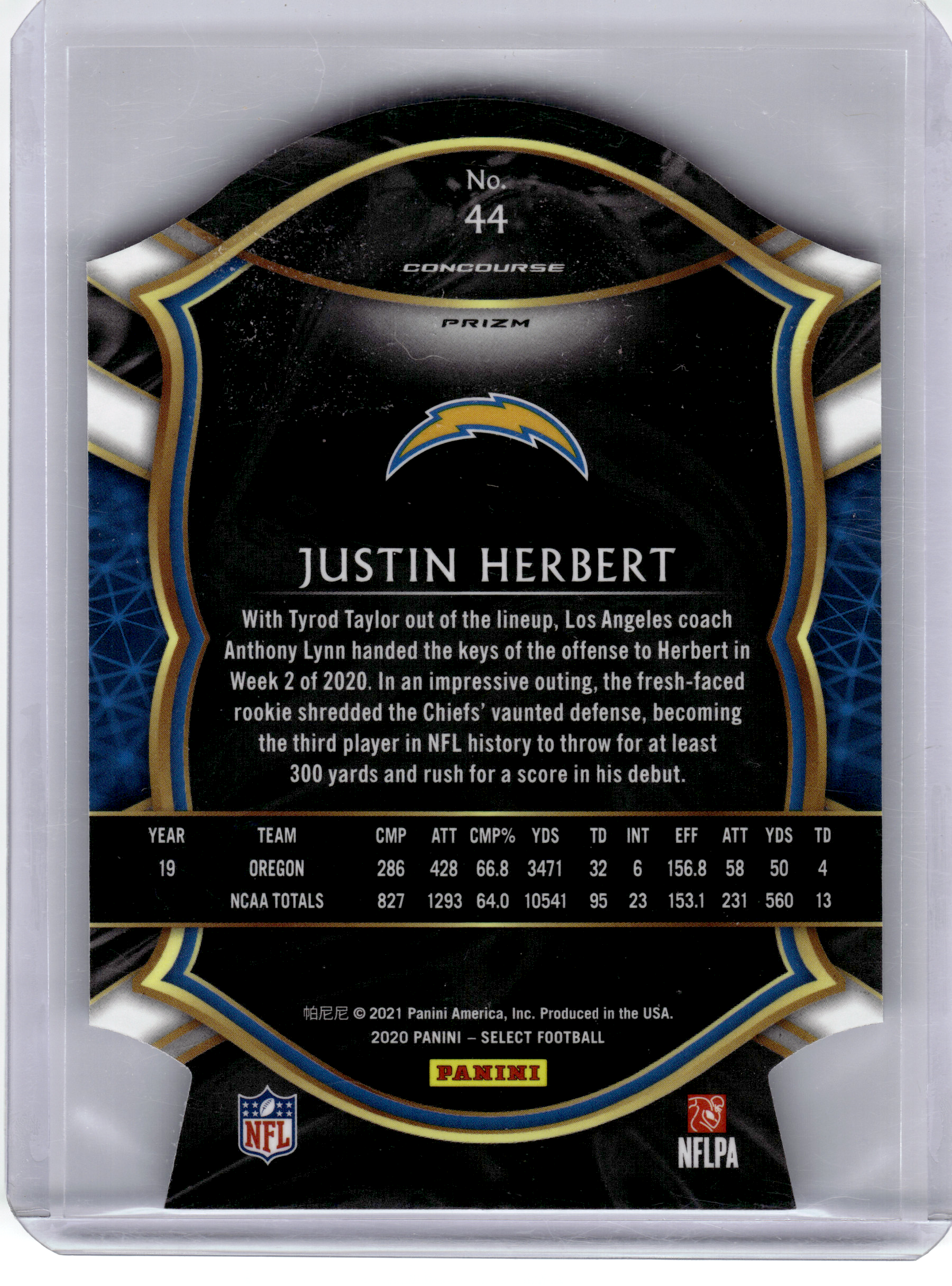 2021 Panini Select Concourse Prizm Football—Justin Herbert #44 Blue Die-Cut RC