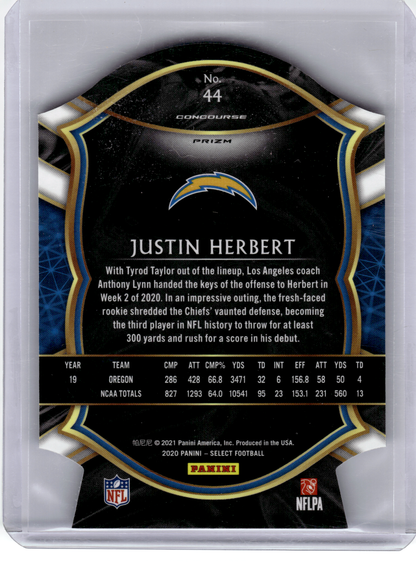 2021 Panini Select Concourse Prizm Football—Justin Herbert #44 Blue Die-Cut RC