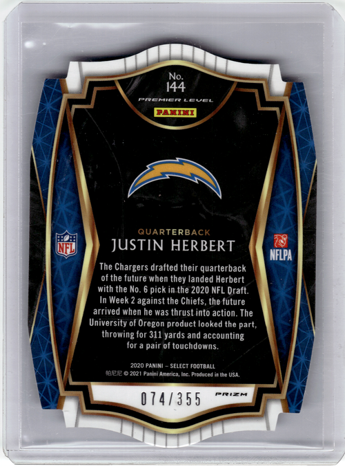 2021 Panini Select Prizm Premier Level—J. Herbert #144 Blue Die-Cut RC 074/355