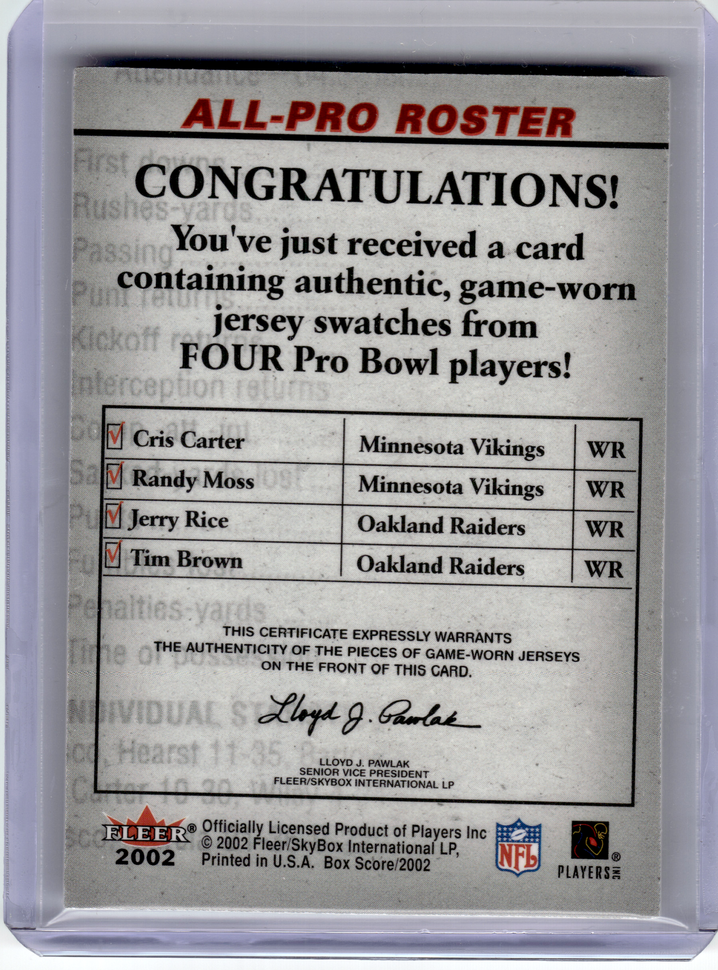 2002 Fleer Box Score Football—R. Moss T Brown C. Carter J. Rice Game Patches