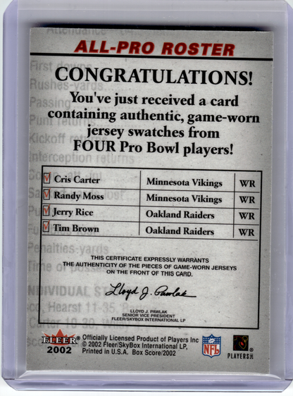 2002 Fleer Box Score Football—R. Moss T Brown C. Carter J. Rice Game Patches