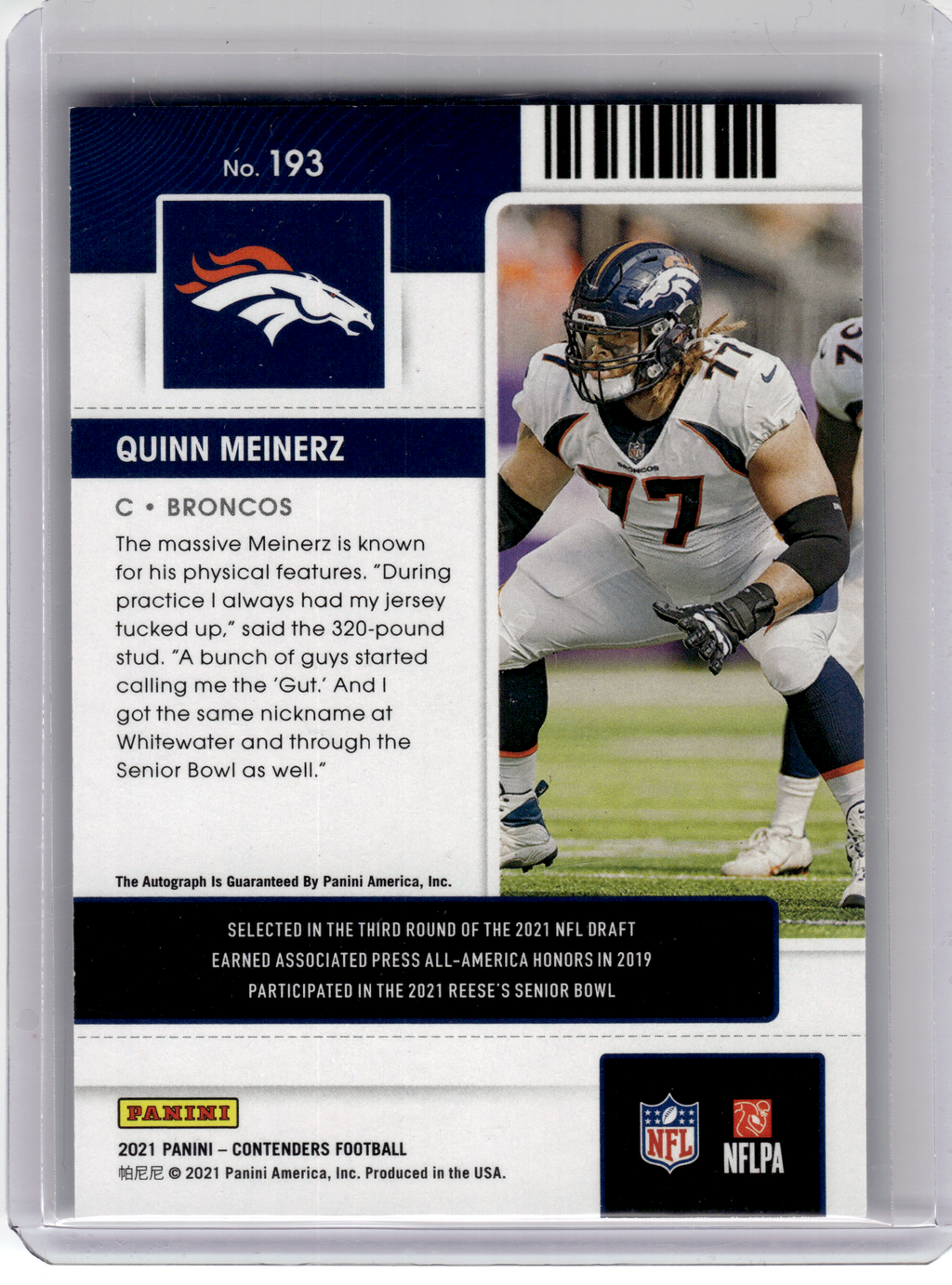 2021 Panini Panini Contenders Football—Quinn Meinerz #193 RC—Very Good