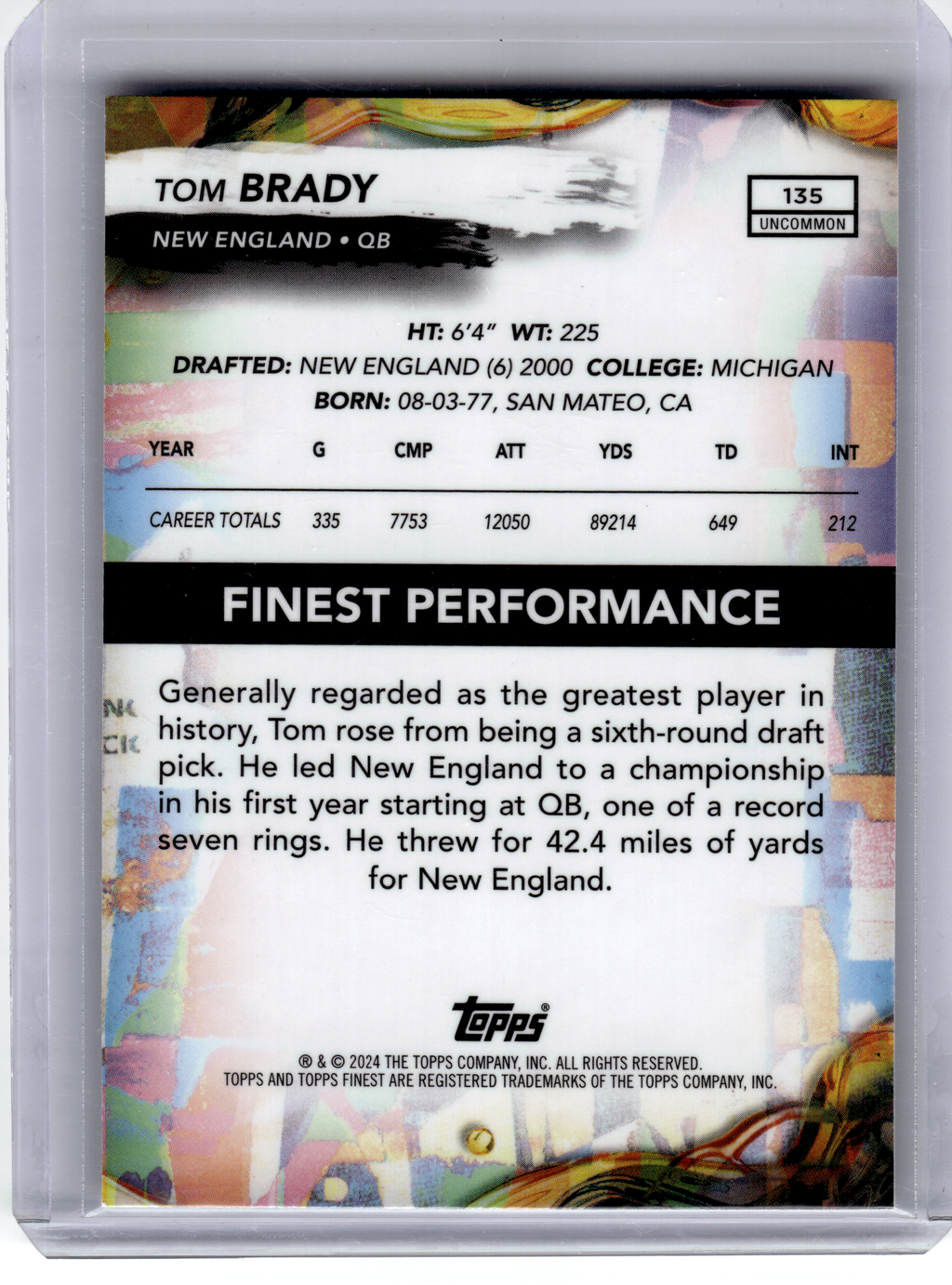 2024 Topps Finest Football—Tom Brady #135 Purple Refractor 17/99—Very Good