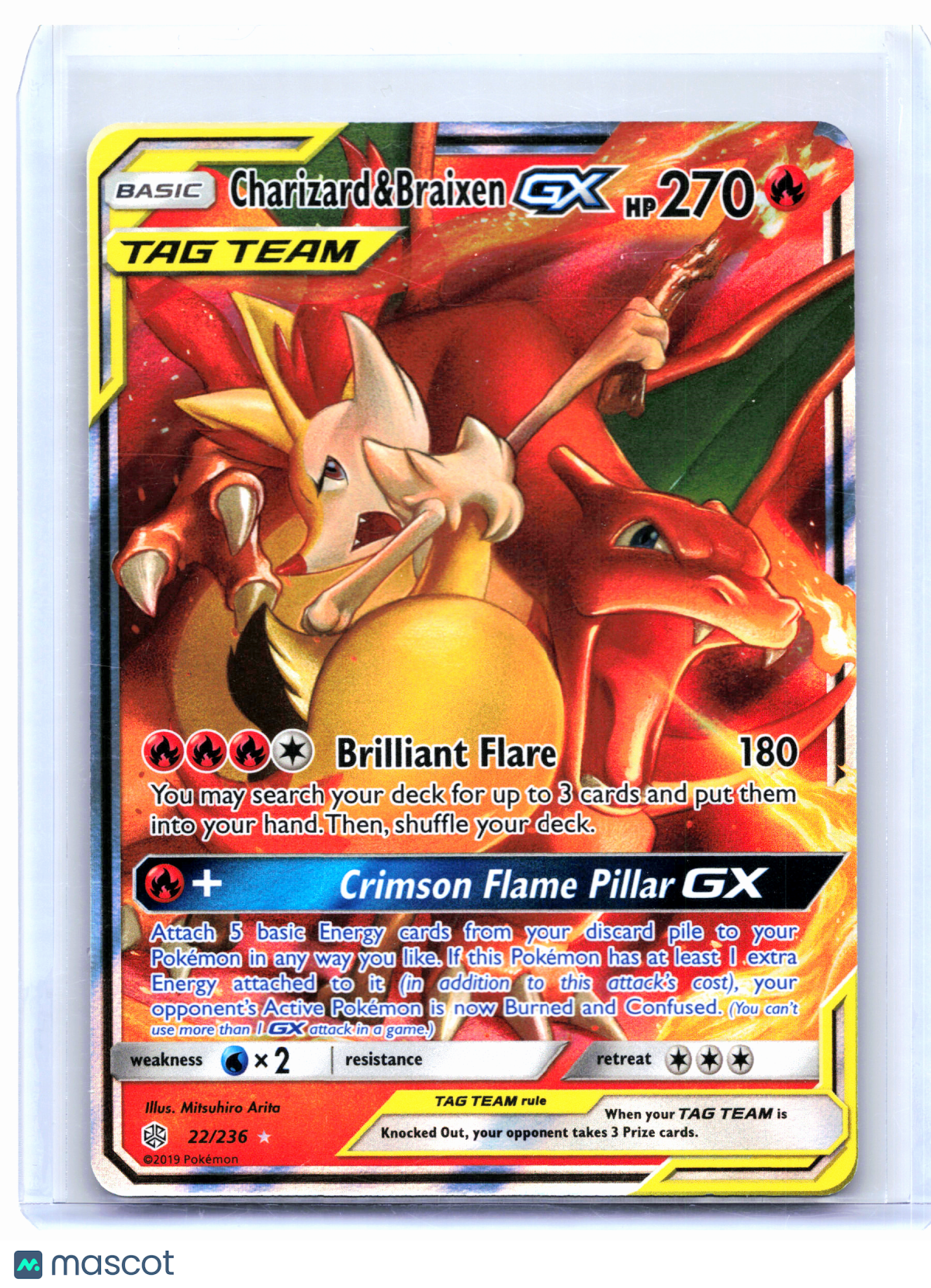 2019 Pokemon—Charizard & Braixen GX #22/236 Cosmic Eclipse—Ultra Rare Holo