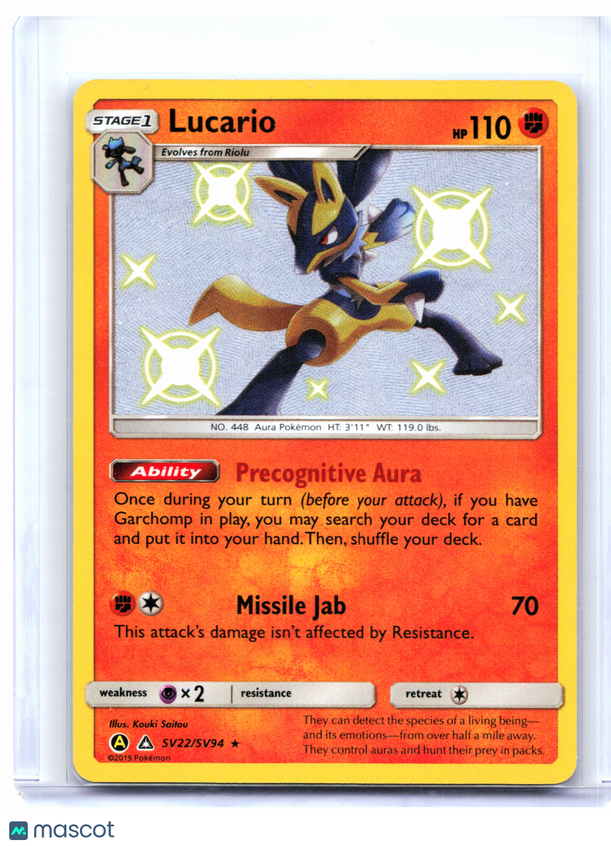 2019 Pokemon—Lucario #SV22/SV94 Hidden Fates: Shiny Vault—Shiny Holo Rare Holo