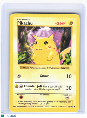1999 Pokemon—Pikachu (Red Cheeks) #58/102 Base Set Shadowless—Common NF (DMG)