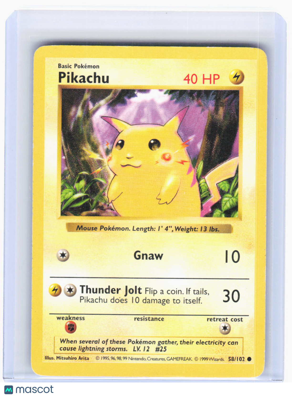 1999 Pokemon—Pikachu (Red Cheeks) #58/102 Base Set Shadowless—Common NF (DMG)