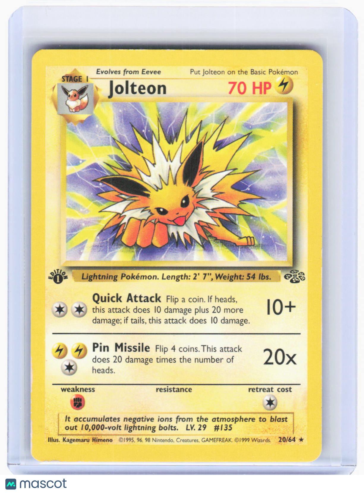 1999 Pokemon—Jolteon #20/64 Jungle—Rare Non-Foil (Heavily Played) 1st Edition